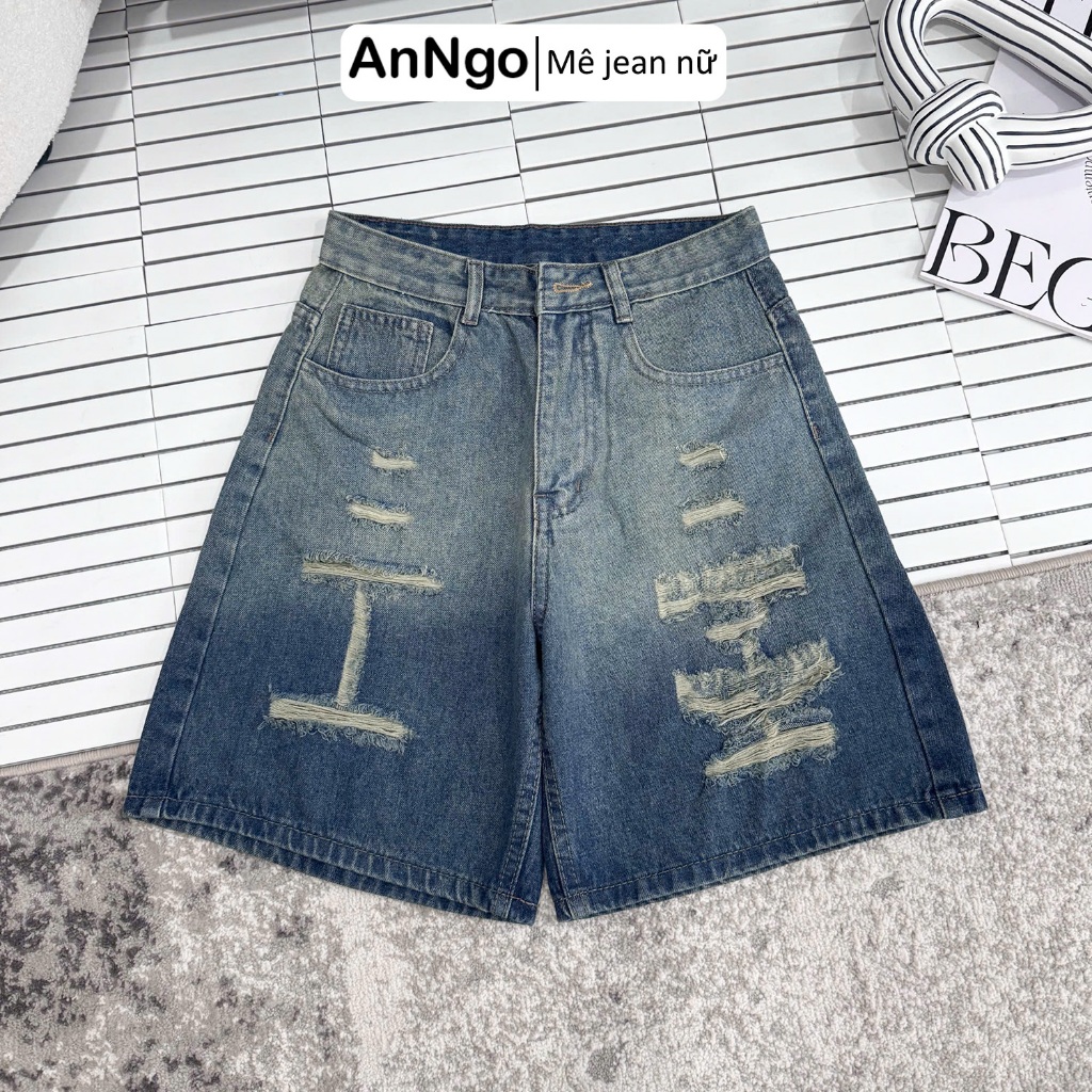 (Có big size) Quần jean ngố nữ rách ống rộng loang màu cực xinh, chất jean denim không giãn Anngo - AT554