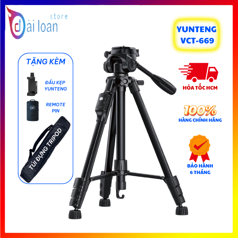 Chân Máy Ảnh Yunteng VCT-669 – Tripod Cao 1m84, Xoay Mượt, Đứng Vững Mọi Góc Quay
