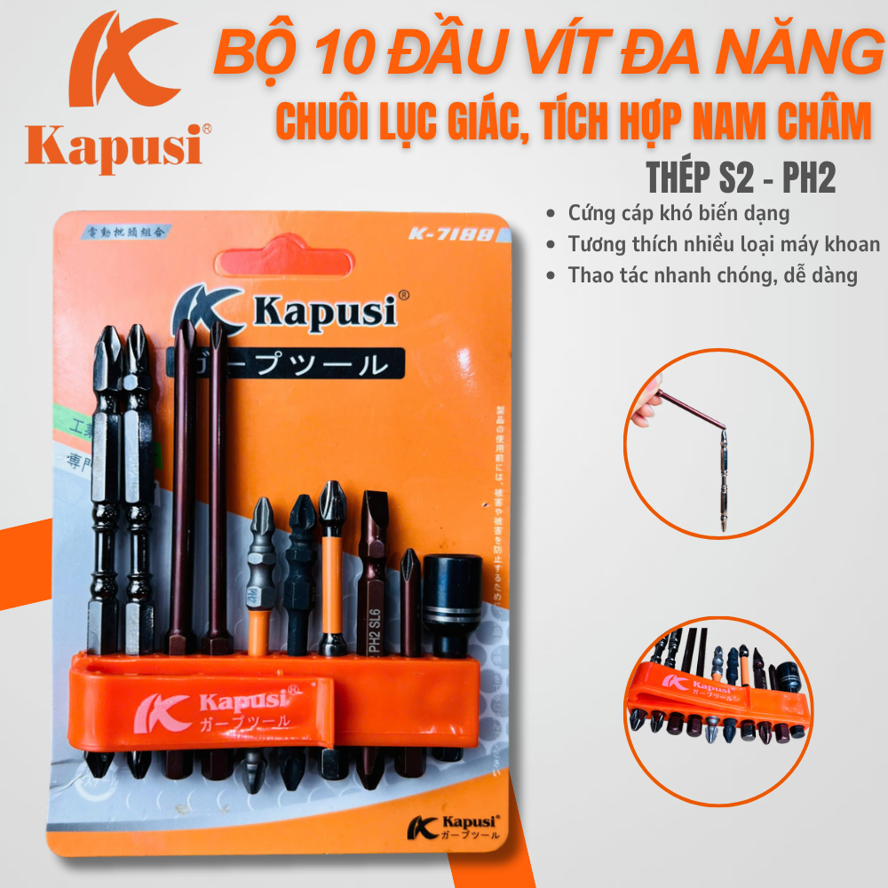 BỘ 10 ĐẦU VÍT & BẮN TÔN ĐA NĂNG KAPUSI k7188 – THÉP S2 – TÍCH HỢP NAM CHÂM – CHUÔI LỤC GIÁC 1/4 INCH