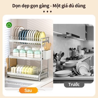 Gslife Kệ Để Bát Đĩa Đa Năng 2 Tầng - Thép Carbon, Có Khay Thoát Nước & Giá Đũa, Thìa, Thớt