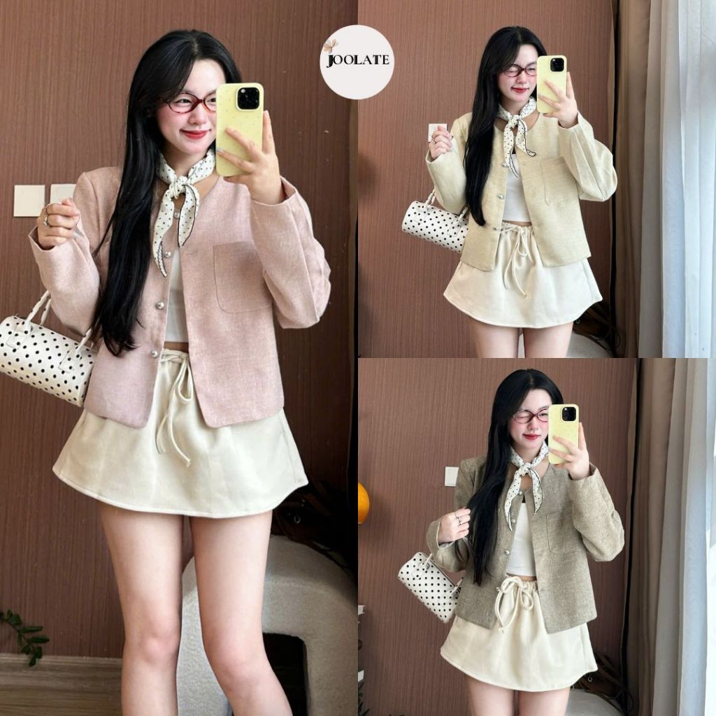 Áo Khoác Tweed Nữ Cổ Tròn Cúc Bạc Túi Vuông Style Hàn Quốc Mặc Thu Đông Form Đẹp Joolate 3532 P2K7