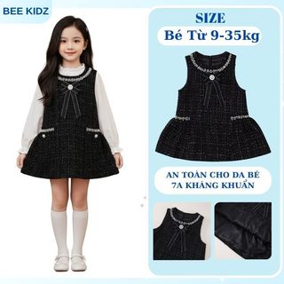Váy Cho Bé Gái, Váy Dạ Cho Bé Gái Thiết Kế Tiểu Thư Kèm Nơ Chất Dạ Bên Trong Lót Gió Ấm Áp