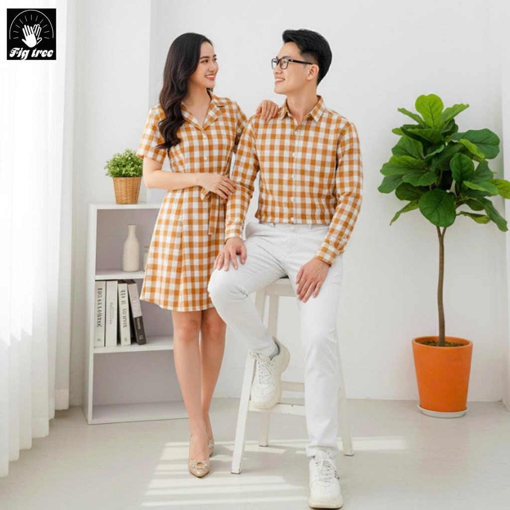 Set Sơ Mi Váy Đôi Fig Tree Caro Vàng Cho Couple Đi Chơi, Đi Tiệc Siêu Xinh Mã 133VA