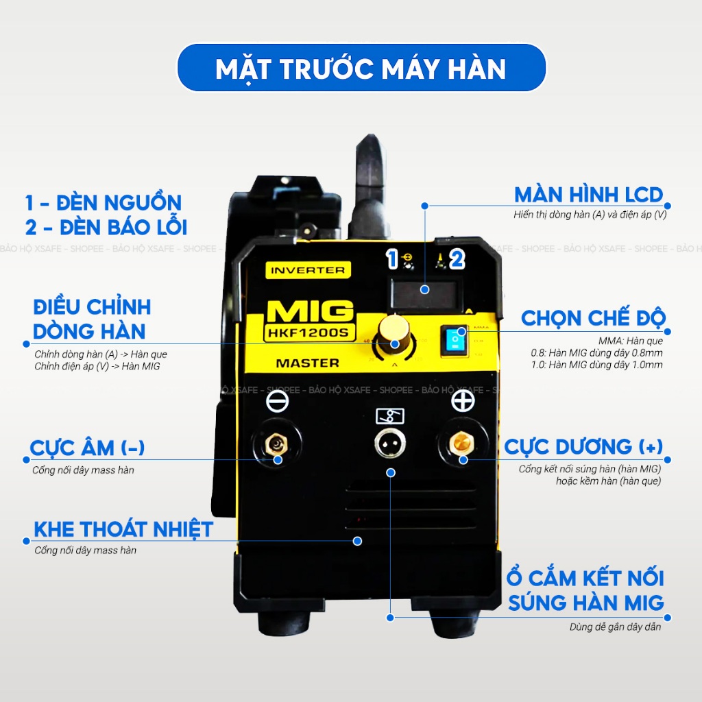 Máy hàn mig Hồng Ký HKF1200S 2IN1 dòng hàn chuẩn 120A hàn MIG không khí với dây lõi thuốc và hàn que