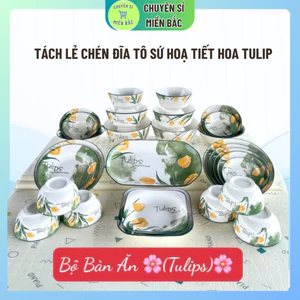 TÁCH Lẻ Chén Đĩa Tô Sứ Hoạ Tiết Hoa Tulip. 2 cái đĩa, 2 cái tô, dĩa vuông hoạ tiết Tulip