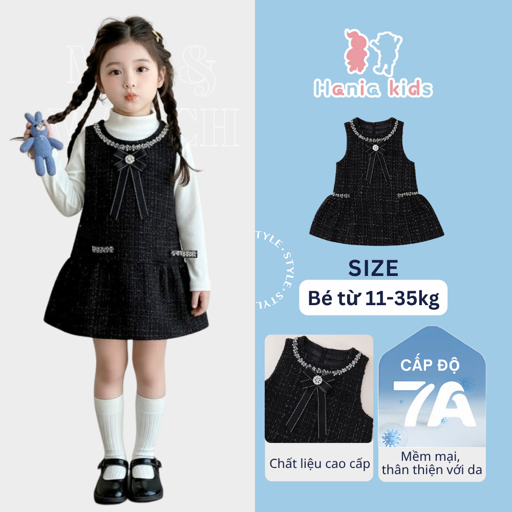 Váy Vest Bé Gái Mùa Thu Đông 2025 Hania Kids, Màu Đen Thời Trang, Dày Dặn, Phối Nơ Xinh Xắn