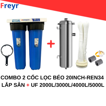 Combo 2 cốc lọc béo 20inch lắp sẵn lõi bông, CTO Cation + UF 2000L, 3000L, 4000L, 5000L/giờ lọc nước đầu nguồn, nước máy