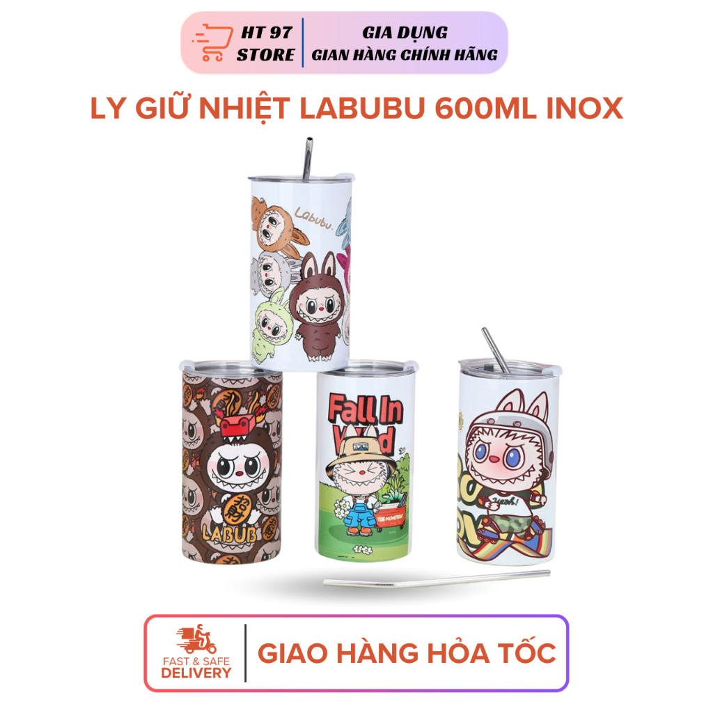 Ly giữ nhiệt Labubu 600ml inox 304 giữ nhiệt kèm ống hút inox, bình giữ ...