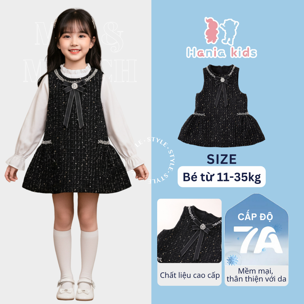 Váy Cho Bé Gái, Váy Dạ Lót Nhung Cho Bé Gái Thiết Kế Họa Tiết Bling Vàng Kèm Nơ Chất Mềm Mại