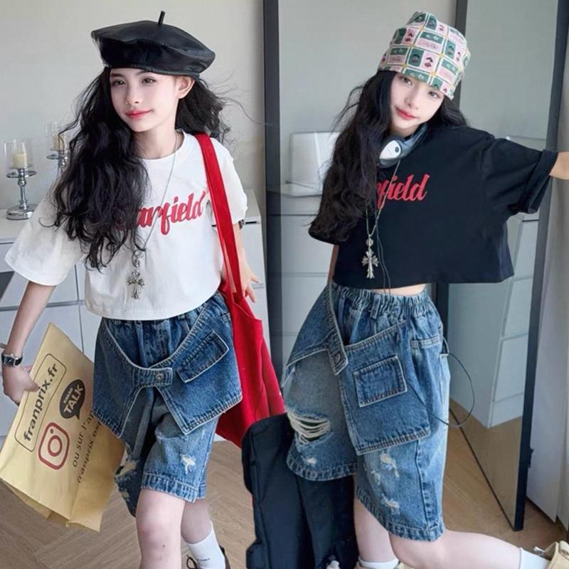 Set đồ thời trang bé /bé gái Áo thun cotton + Quần short jean phá cách 2 màu Trắng & Đen Phong cách năng động thoải mái