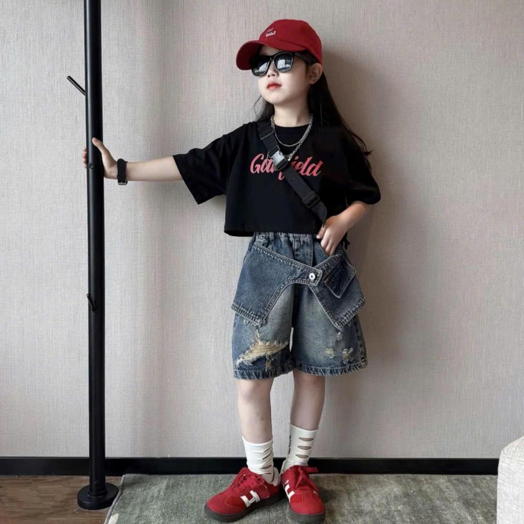 Set đồ thời trang bé /bé gái Áo thun cotton + Quần short jean phá cách 2 màu Trắng & Đen Phong cách năng động thoải mái