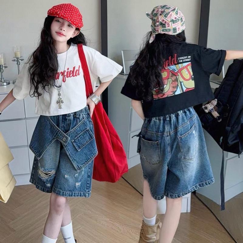 Set đồ thời trang bé /bé gái Áo thun cotton + Quần short jean phá cách 2 màu Trắng & Đen Phong cách năng động thoải mái