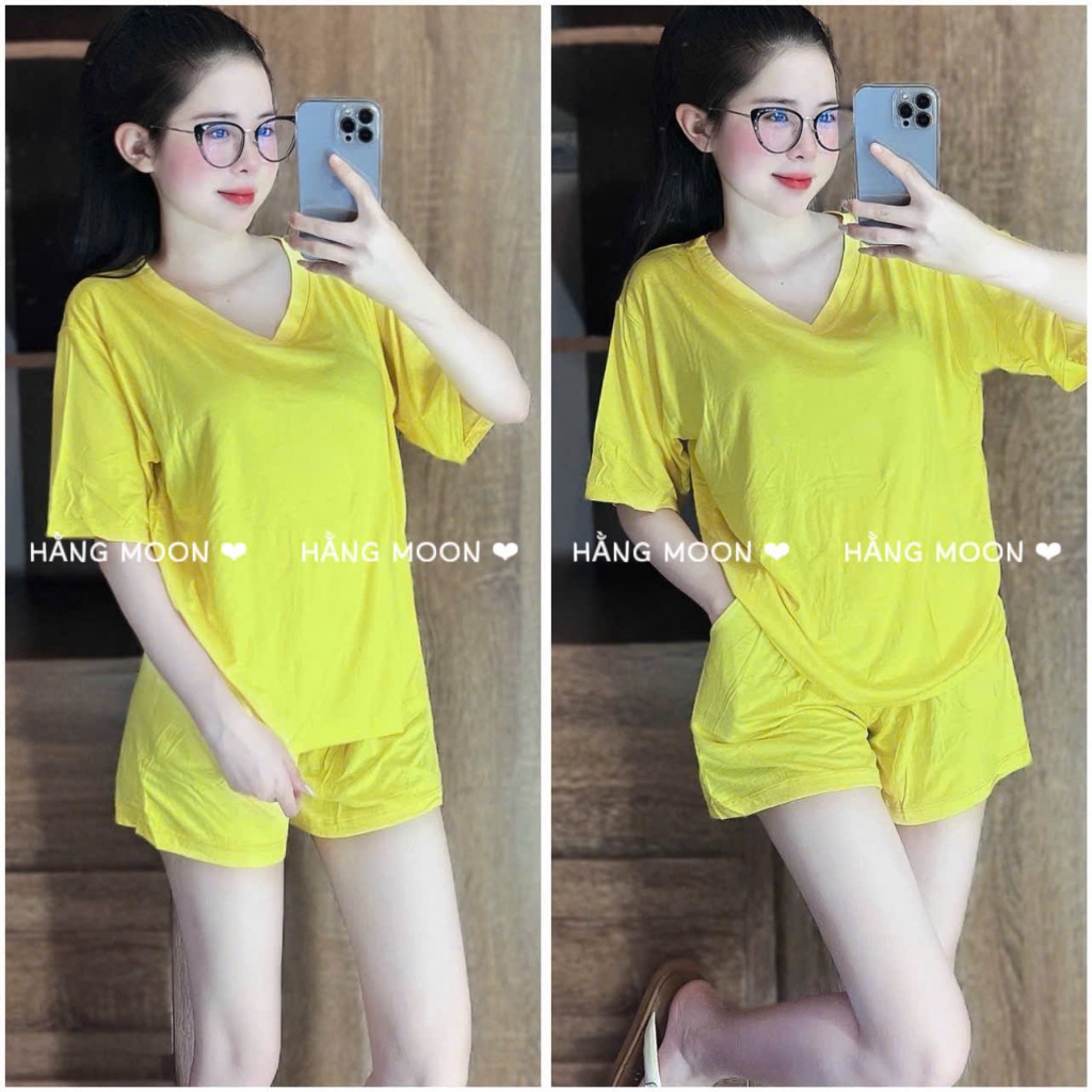 Đồ Bộ Mặc Nhà Nữ Bigsize HM001, Chất Thun Lạnh Dẻo, Áo Cổ Tim Đùi Form Rộng Mát Mẻ Mùa Hè Đủ Size Tới 90kg