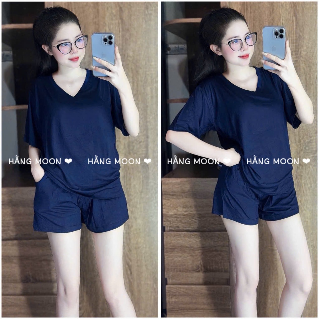 Đồ Bộ Mặc Nhà Nữ Bigsize HM001, Chất Thun Lạnh Dẻo, Áo Cổ Tim Đùi Form Rộng Mát Mẻ Mùa Hè Đủ Size Tới 90kg