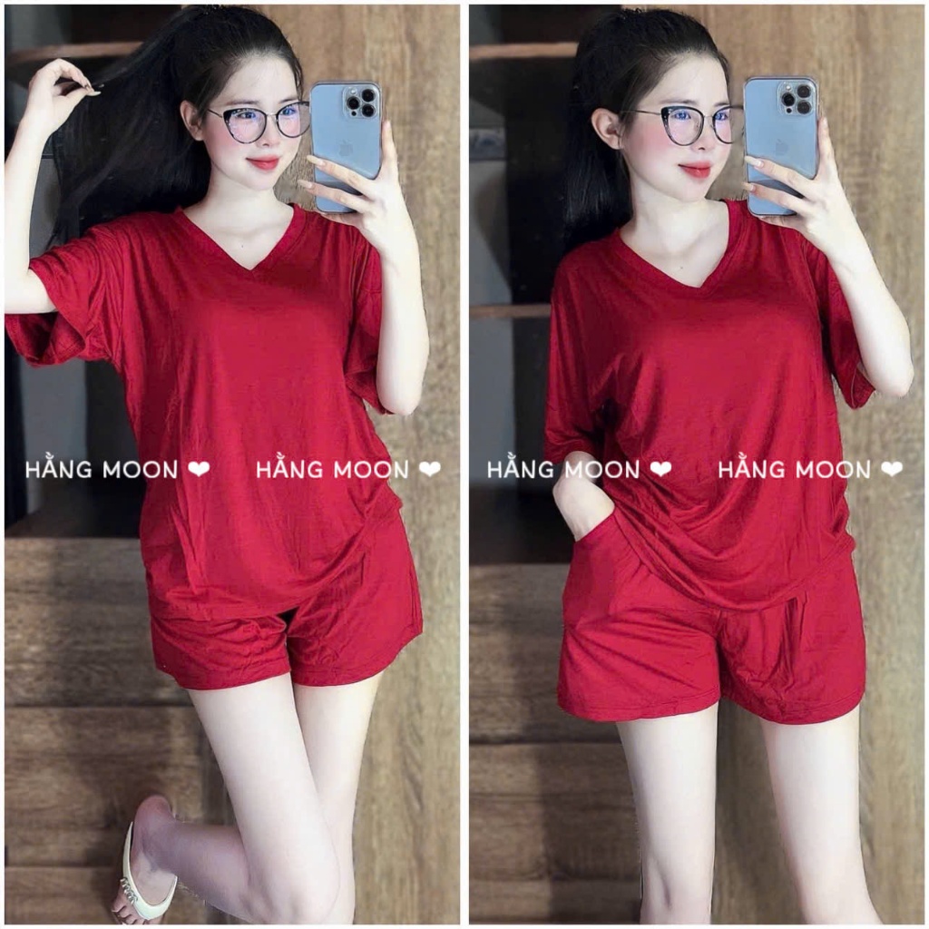 Đồ Bộ Mặc Nhà Nữ Bigsize HM001, Chất Thun Lạnh Dẻo, Áo Cổ Tim Đùi Form Rộng Mát Mẻ Mùa Hè Đủ Size Tới 90kg