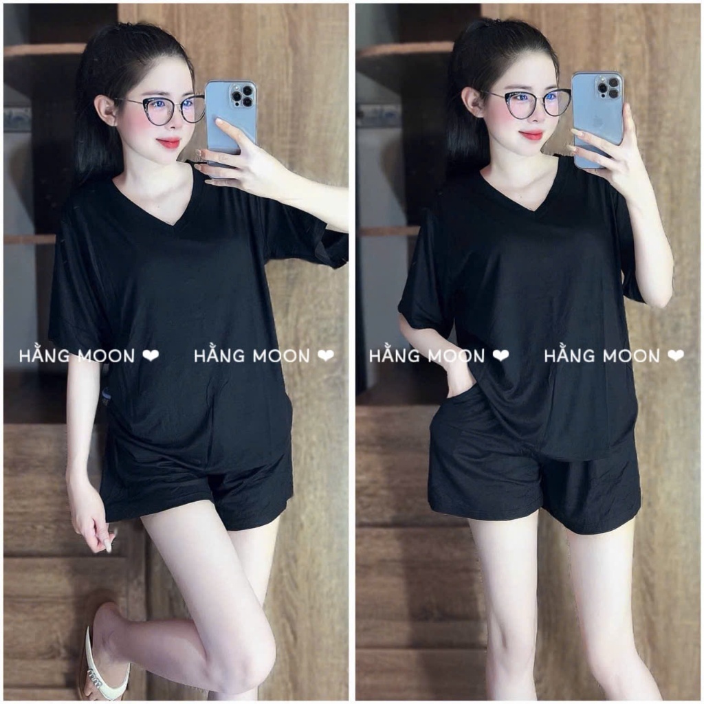 Đồ Bộ Mặc Nhà Nữ Bigsize HM001, Chất Thun Lạnh Dẻo, Áo Cổ Tim Đùi Form Rộng Mát Mẻ Mùa Hè Đủ Size Tới 90kg