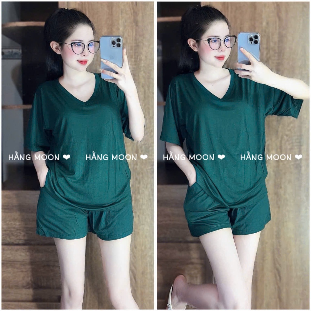 Đồ Bộ Mặc Nhà Nữ Bigsize HM001, Chất Thun Lạnh Dẻo, Áo Cổ Tim Đùi Form Rộng Mát Mẻ Mùa Hè Đủ Size Tới 90kg
