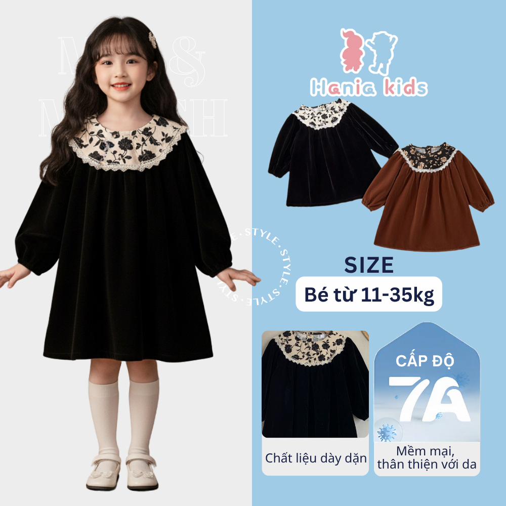Váy Nhung Dài Tay Bé Gái Hania Kids Cổ Sen Hoa Phối Ren Dễ Thương, Chất Liệu Dày Dặn Mềm Mại