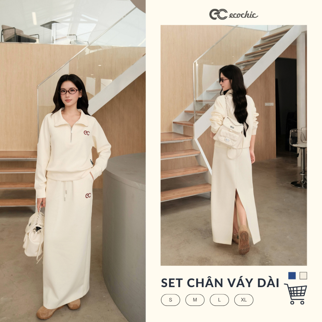 Set Bộ Váy ECOCHIC Áo Crop Halfzip Cổ Cao Logo Thêu Ngực Chân Váy Dài Chất Liệu Cao Cấp Mềm Mịn Chính Hãng B194