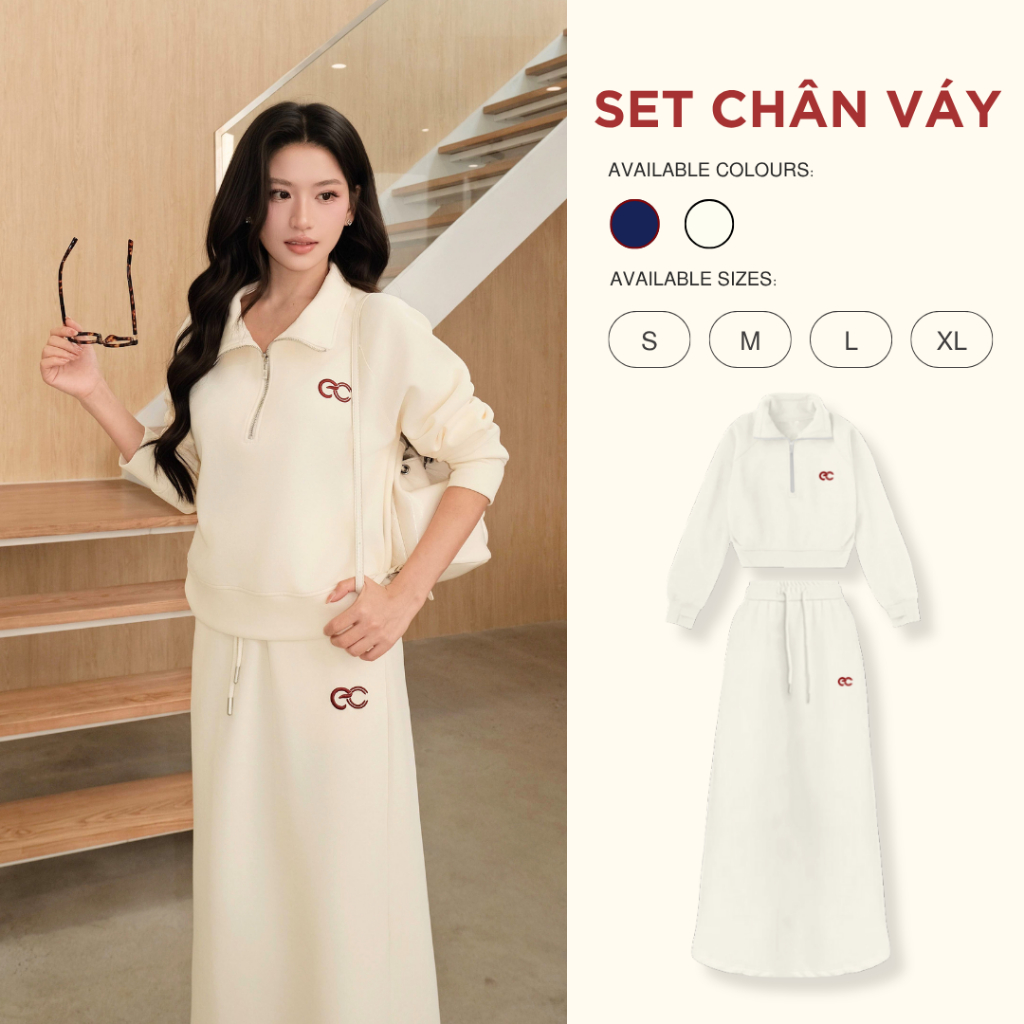 Set Bộ Váy ECOCHIC Áo Crop Halfzip Cổ Cao Logo Thêu Ngực Chân Váy Dài Chất Liệu Cao Cấp Mềm Mịn Chính Hãng B194