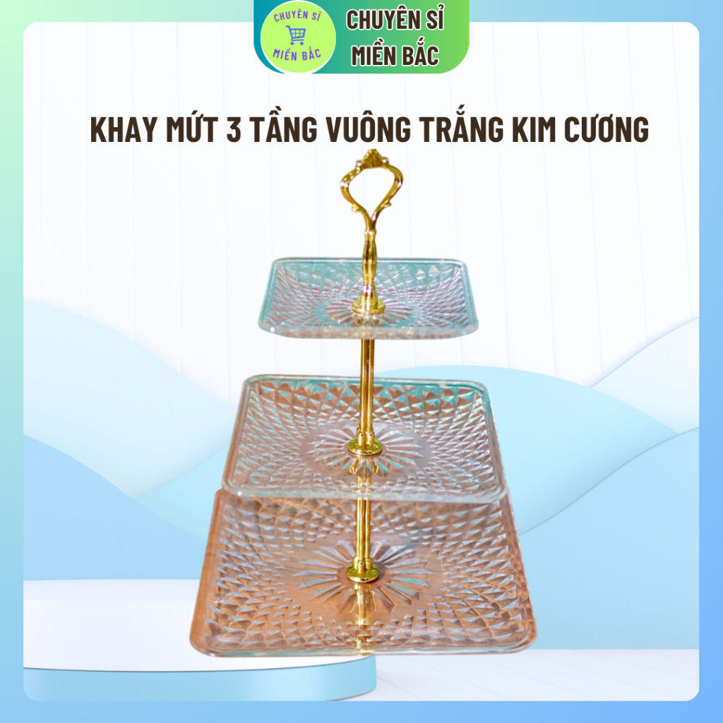 Khay Mứt 3 Tầng vuông trắng kim cương, Khay Đựng Bánh Kẹo Hoa Quả tròn xanh 3 Tầng Bằng Nhựa  Cao Cấp Dài 38cm0
