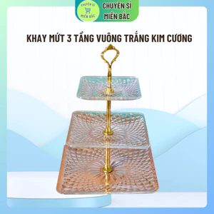 Khay Mứt 3 Tầng vuông trắng kim cương, Khay Đựng Bánh Kẹo Hoa Quả tròn xanh 3 Tầng Bằng Nhựa Cao Cấp Dài 38cm0