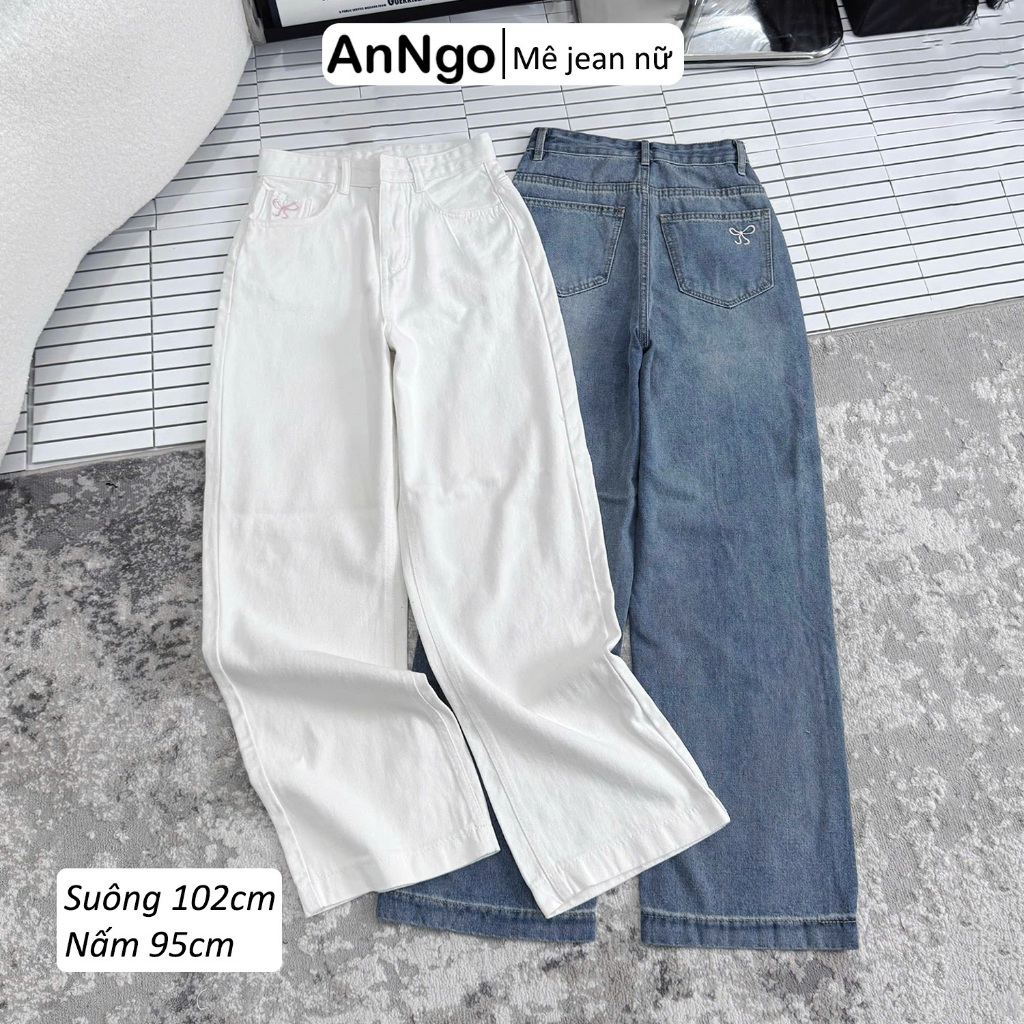(Có big size) Quần jean nữ ống suông thêu nơ cá tính dài 95cm, 102cm, chất liệu jean denim dày dặn, không co giãn Anngo