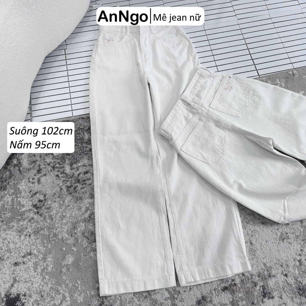 (Có big size) Quần jean nữ ống suông thêu nơ cá tính dài 95cm, 102cm, chất liệu jean denim dày dặn, không co giãn Anngo