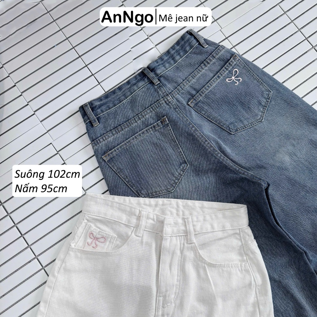 (Có big size) Quần jean nữ ống suông thêu nơ cá tính dài 95cm, 102cm, chất liệu jean denim dày dặn, không co giãn Anngo