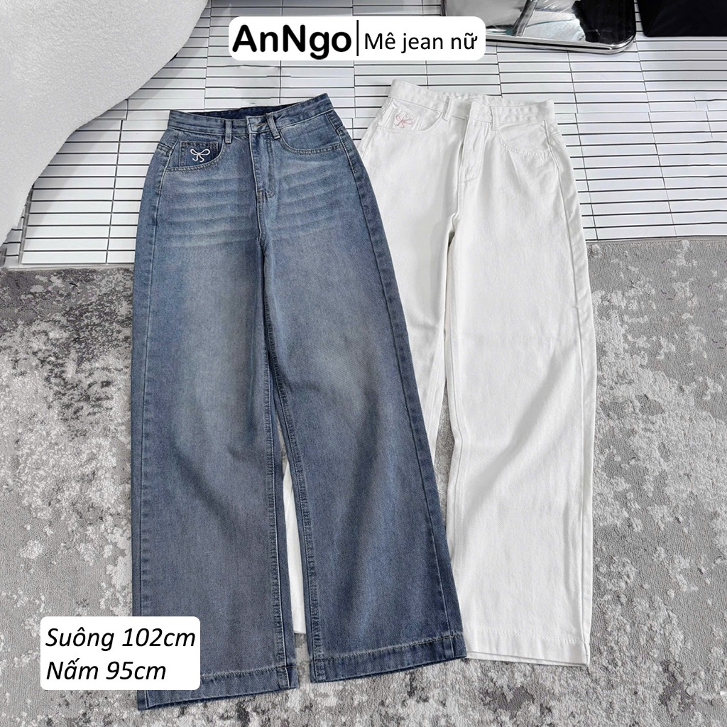 (Có big size) Quần jean nữ ống suông thêu nơ cá tính dài 95cm, 102cm, chất liệu jean denim dày dặn, không co giãn Anngo