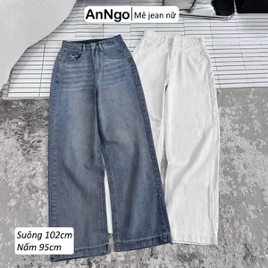 Quần jean nữ ống suông thêu nơ cá tính dài 95cm, 102cm, chất liệu jean denim dày dặn, không co giãn Anngo