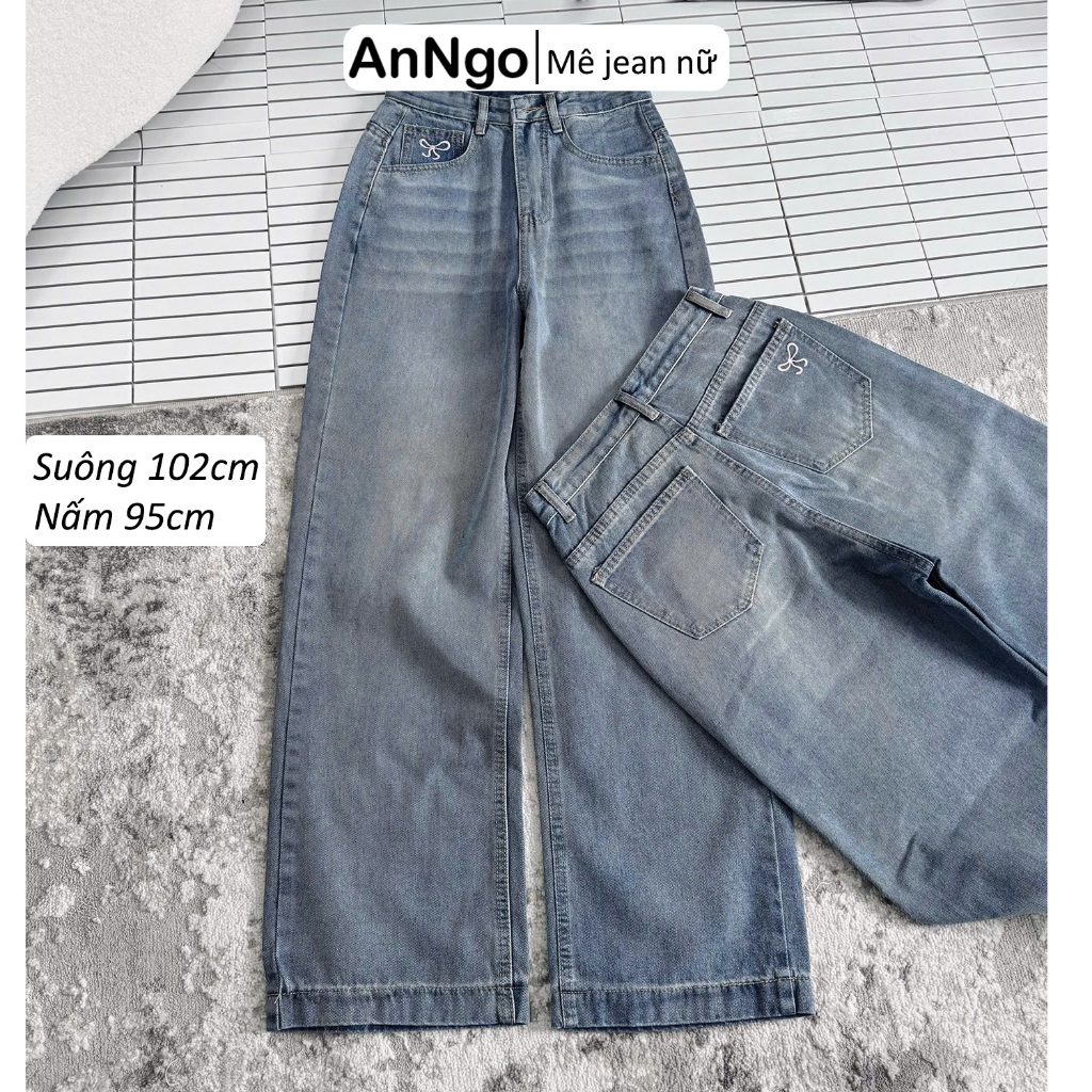 (Có big size) Quần jean nữ ống suông thêu nơ cá tính dài 95cm, 102cm, chất liệu jean denim dày dặn, không co giãn Anngo
