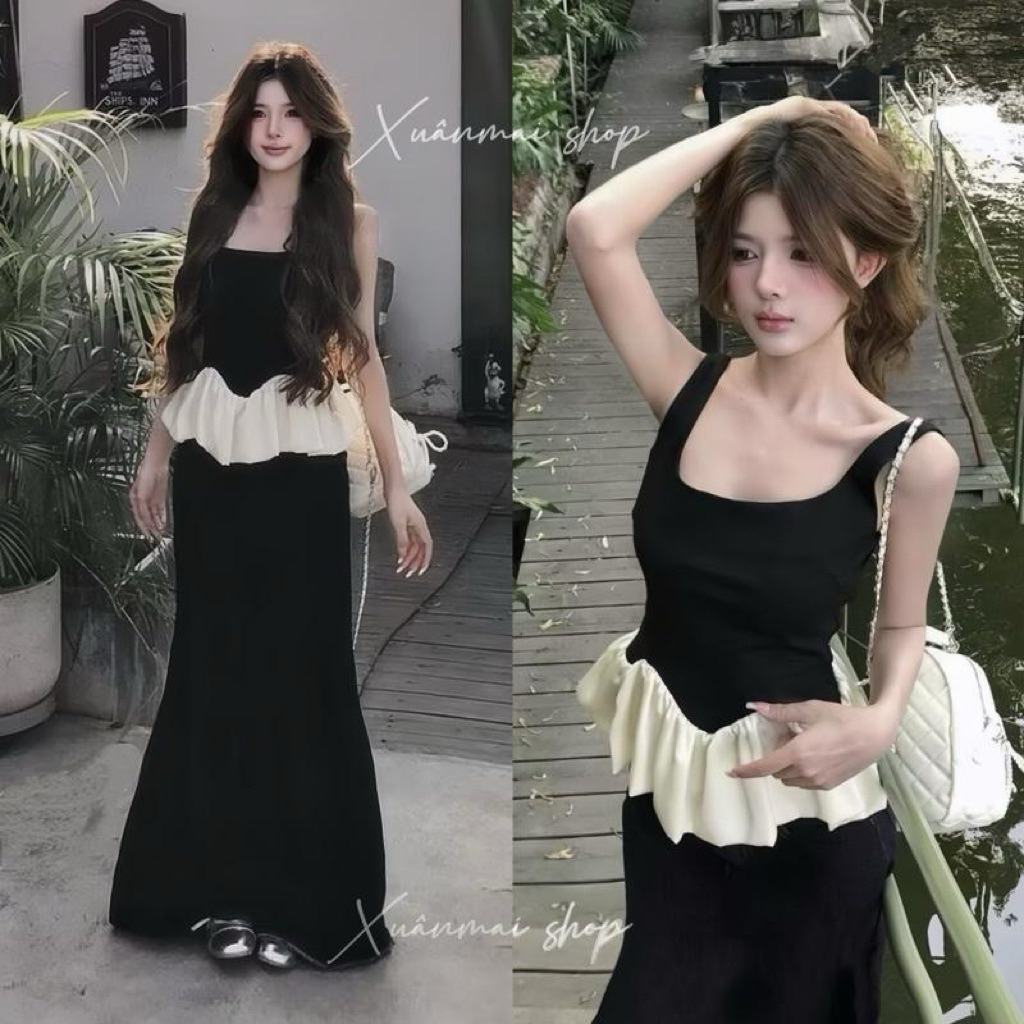 [VẠT NHỌN] Set ÁO DÂY PHỐI BÈO KEM TƠ áo dây phối bèo tơ chân váy đuôi cá Xuân Mai Shop