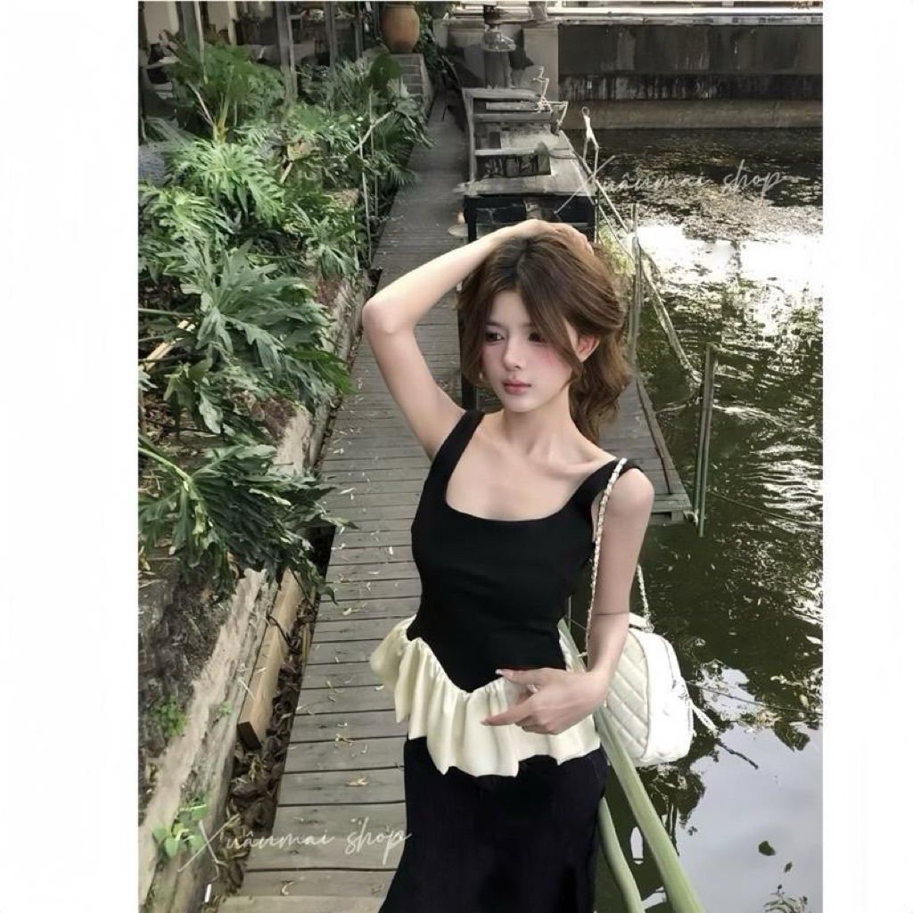 [VẠT NHỌN] Set ÁO DÂY PHỐI BÈO KEM TƠ áo dây phối bèo tơ chân váy đuôi cá Xuân Mai Shop