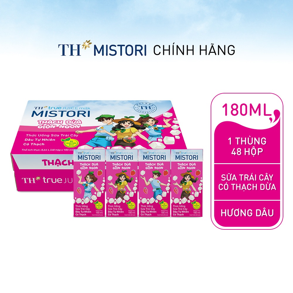 Thùng 48 hộp thức uống Sữa trái cây hương Dâu có thạch  TH true JUICE milk MISTORI 180ml (180ml x 48)