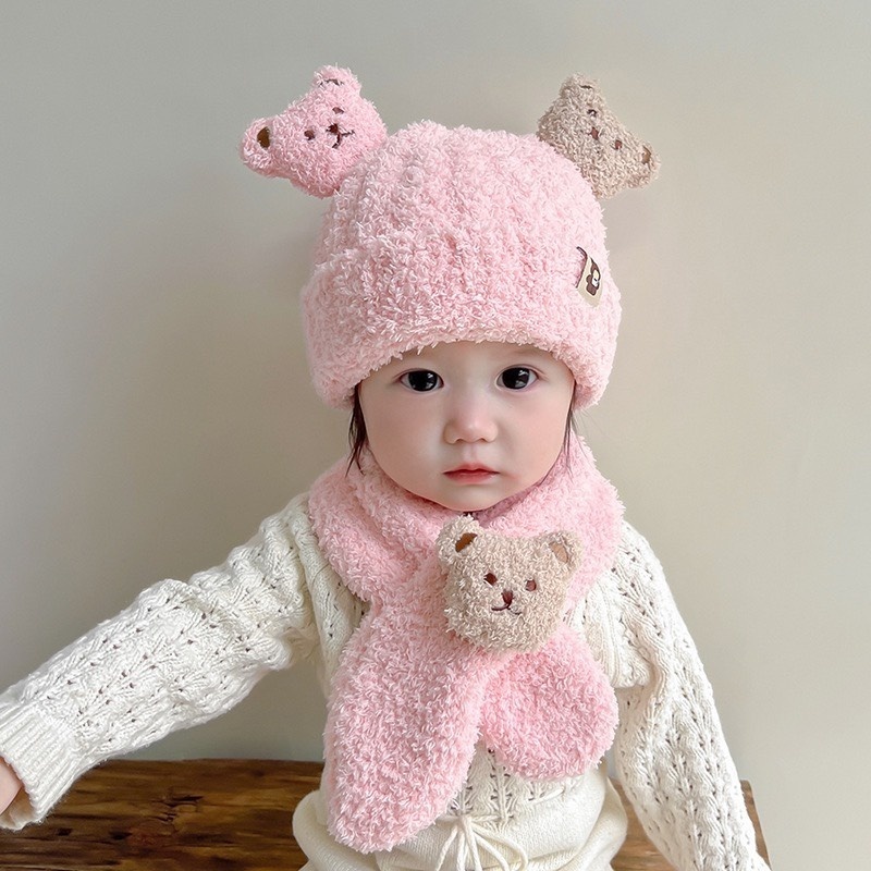 Mũ khăn mùa đông cho bé chất liệu lông 2 lớp giữ ấm cho bé thiết kế cute cực xinh hàng Quảng Châu