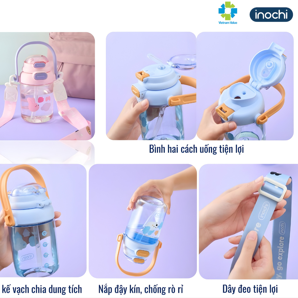 [MỚI] Bình nước KITA POP ngộ nghĩnh, có quai xách & dây đeo tiện dụng, nắp thiết kế uống được 2 kiểu