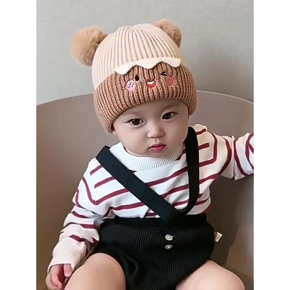 M102 mũ len 2 quả bông mặt gấu lót nỉ cho bé 1-3 tuổi