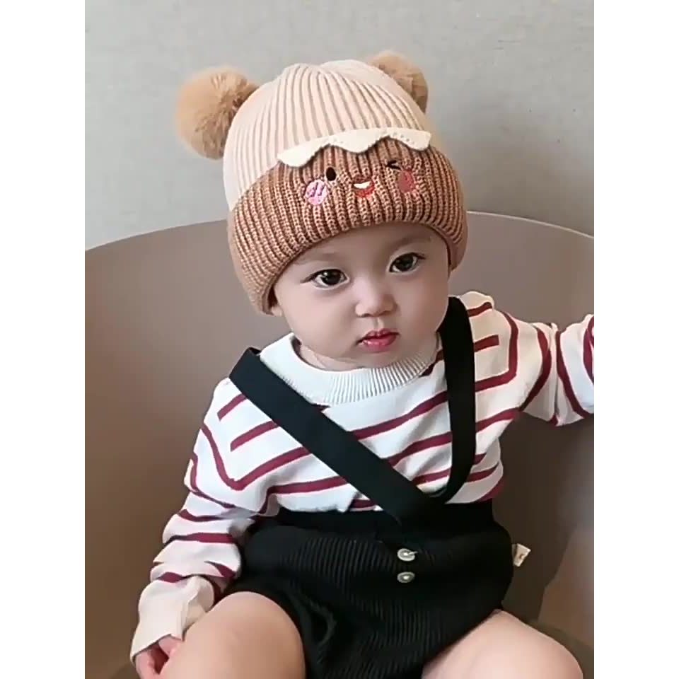 M102 mũ len 2 quả bông mặt gấu lót nỉ cho bé 1-3 tuổi