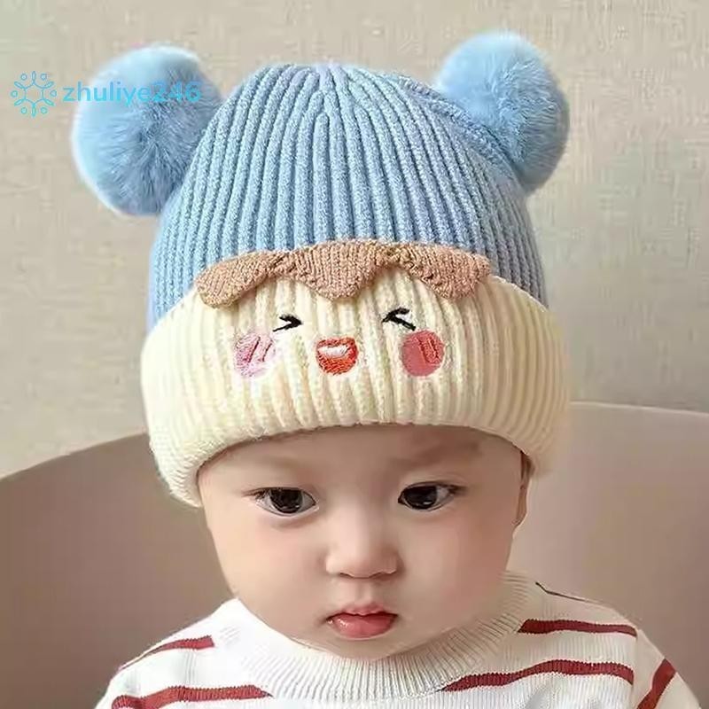 M102 mũ len 2 quả bông mặt gấu lót nỉ cho bé 1-3 tuổi