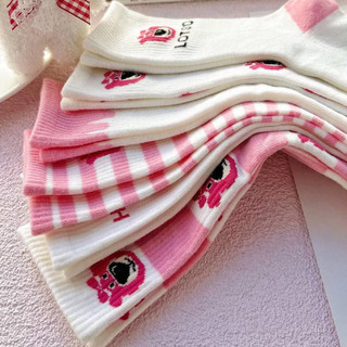 10 đôi tất cổ cao cotton hình gấu dâu LOSTO dễ thương phong cách Hàn Quốc - Tất cao cổ họa tiết gấu hồng co giãn. PM