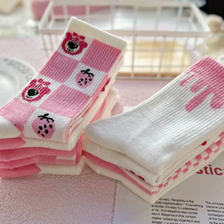 10 đôi tất cổ cao cotton hình gấu dâu LOSTO dễ thương phong cách Hàn Quốc - Tất cao cổ họa tiết gấu hồng co giãn. PM