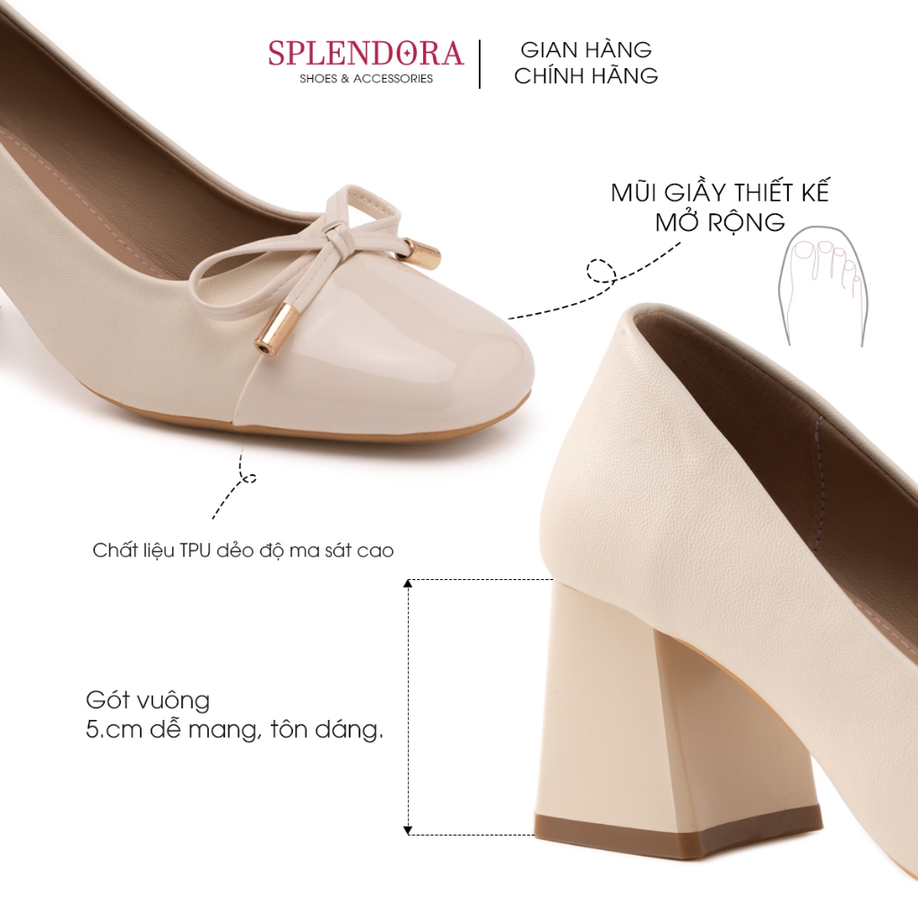 Giày Búp Bê Phom Rộng Cao Gót Splendora Đế Vuông Mũi Tròn Đính Nơ Da PU Mềm Không Đau Chân 5cm_M2