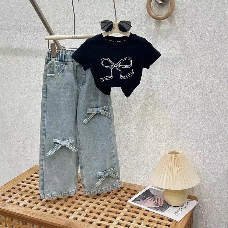 Bộ quần áo 2 Món Quần Bò Đính Nơ và Áo Cotton In Hình Nơ Cho Bé Gái