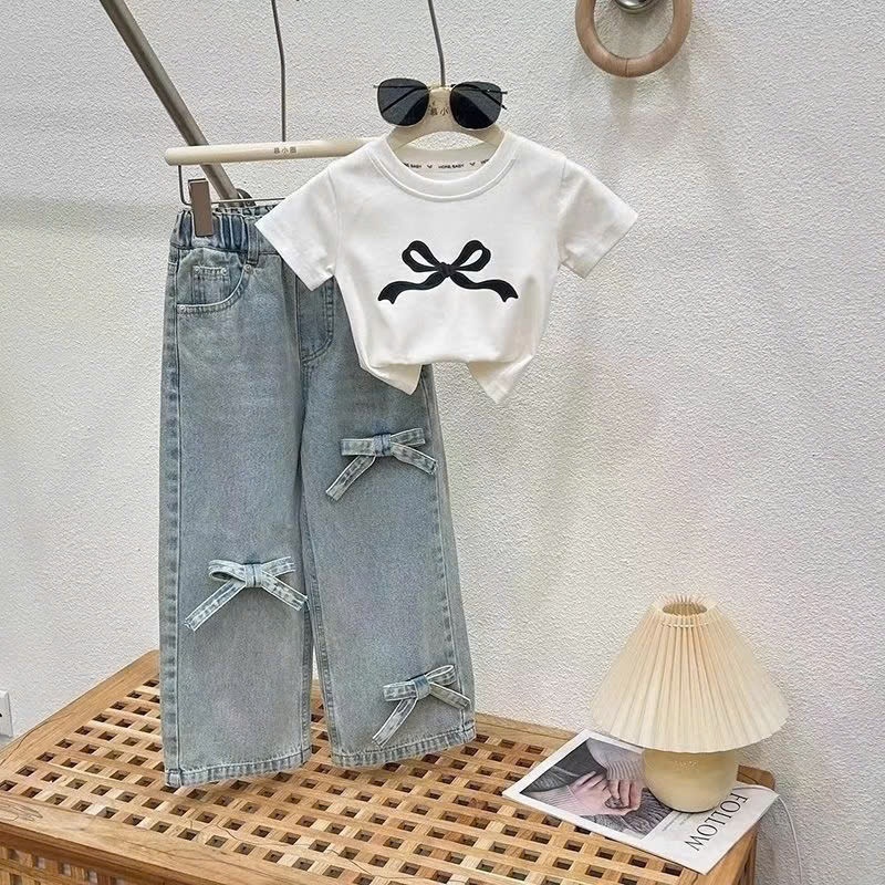 Bộ quần áo 2 Món Quần Bò Đính Nơ và Áo Cotton In Hình Nơ Cho Bé Gái