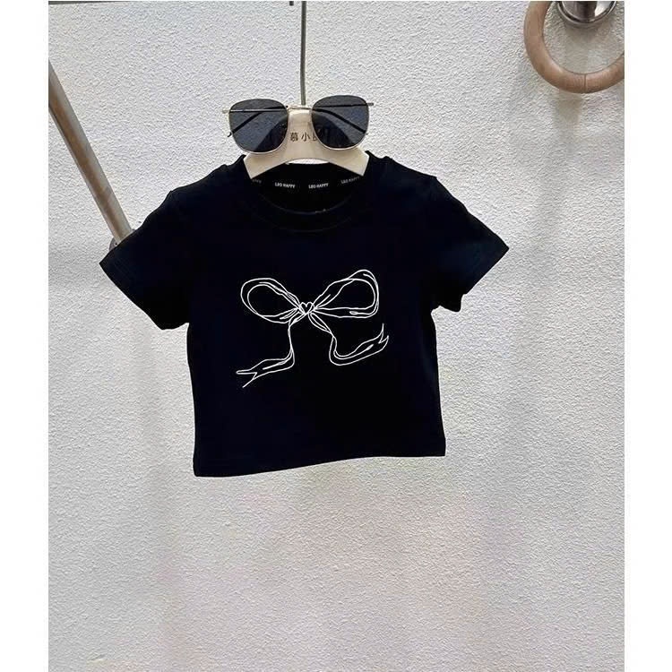 Bộ quần áo 2 Món Quần Bò Đính Nơ và Áo Cotton In Hình Nơ Cho Bé Gái