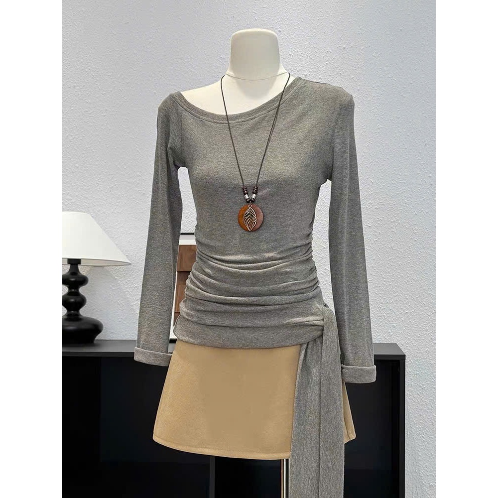 áo thun lệch vai dài tay nữ nhún eo thắt nơ Thanhhuyenclothing , áo thun nữ dài tay nhún eo thanh lịch A124