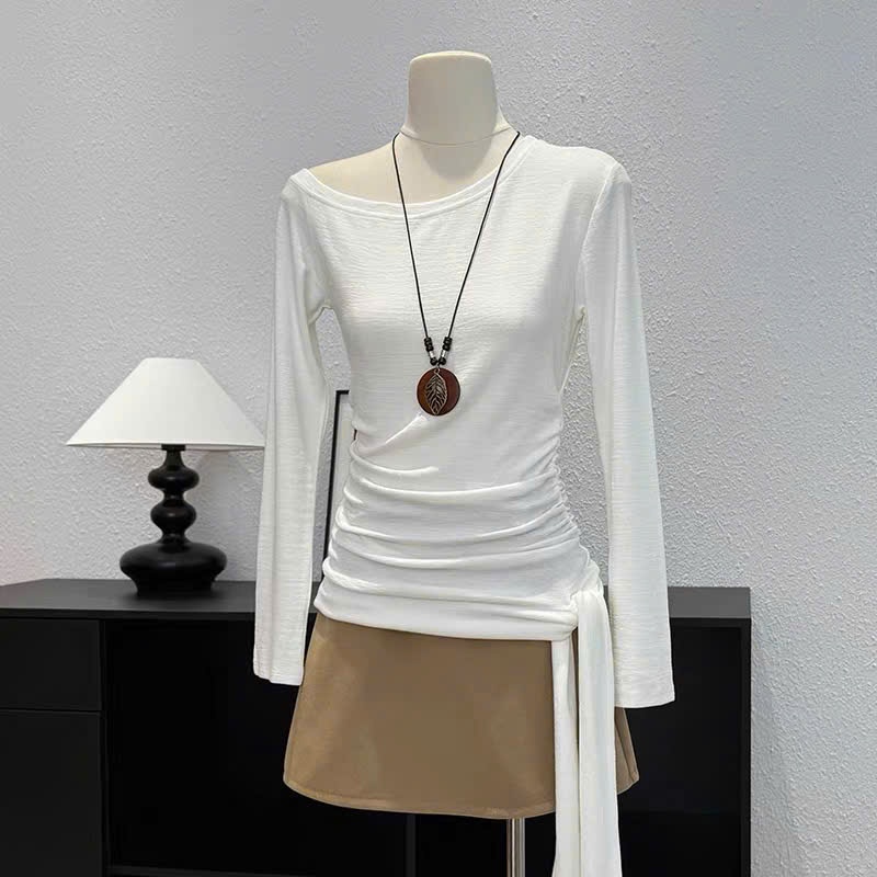 áo thun lệch vai dài tay nữ nhún eo thắt nơ Thanhhuyenclothing , áo thun nữ dài tay nhún eo thanh lịch A124