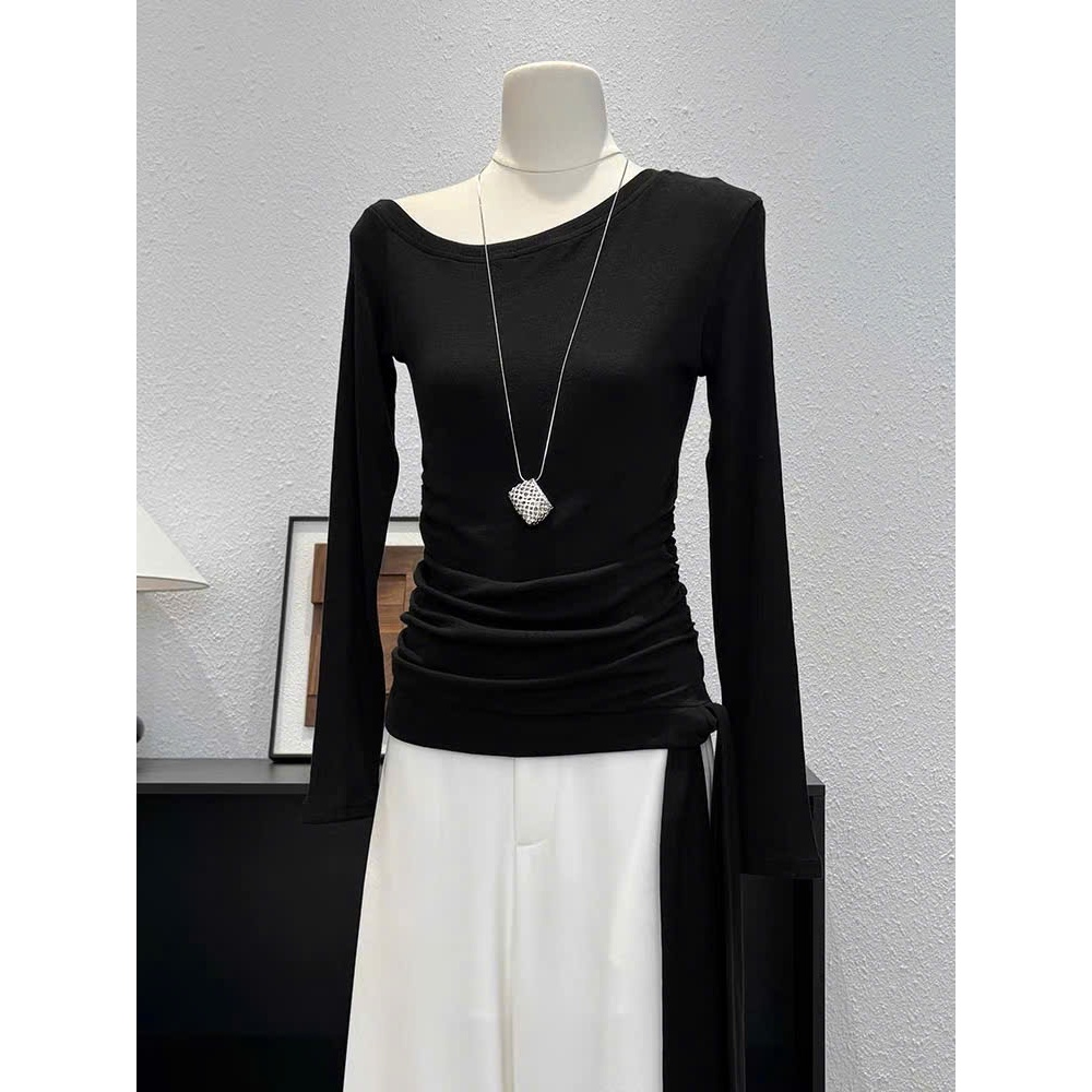áo thun lệch vai dài tay nữ nhún eo thắt nơ Thanhhuyenclothing , áo thun nữ dài tay nhún eo thanh lịch A124