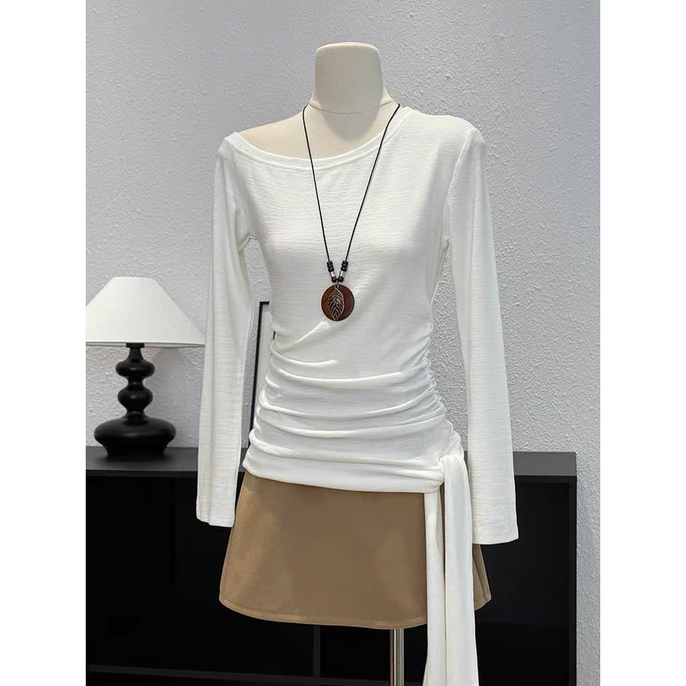 áo thun lệch vai dài tay nữ nhún eo thắt nơ Thanhhuyenclothing , áo thun nữ dài tay nhún eo thanh lịch A124